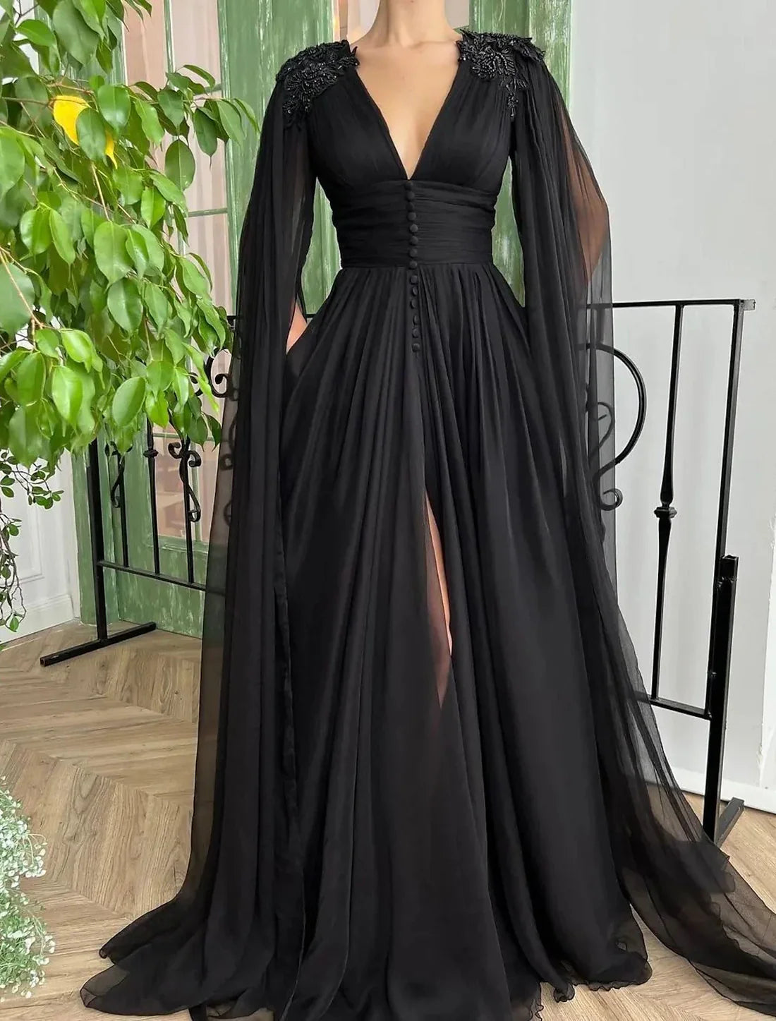 Luolandi A-Line Evening Gown Black Dress Plus Size Formal Masquerade Court Train Long Sleeve V Neck Wednesday Addams Family Chiffon with Buttons Slit